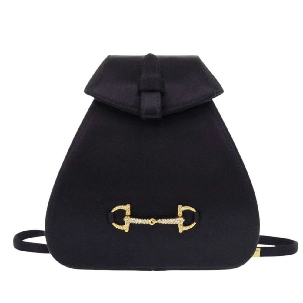 Gucci Horsebit Backpack Satin Rhinestone Black Mini Bag Black 0837 - Picture 1 of 8